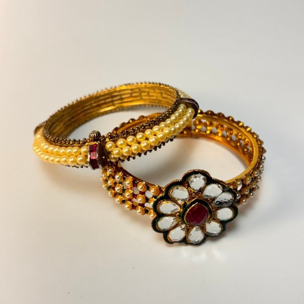 Bangle‎ Bracelet Set Gold Faux Pearl Ruby Red Floral Kundan Style Traditional